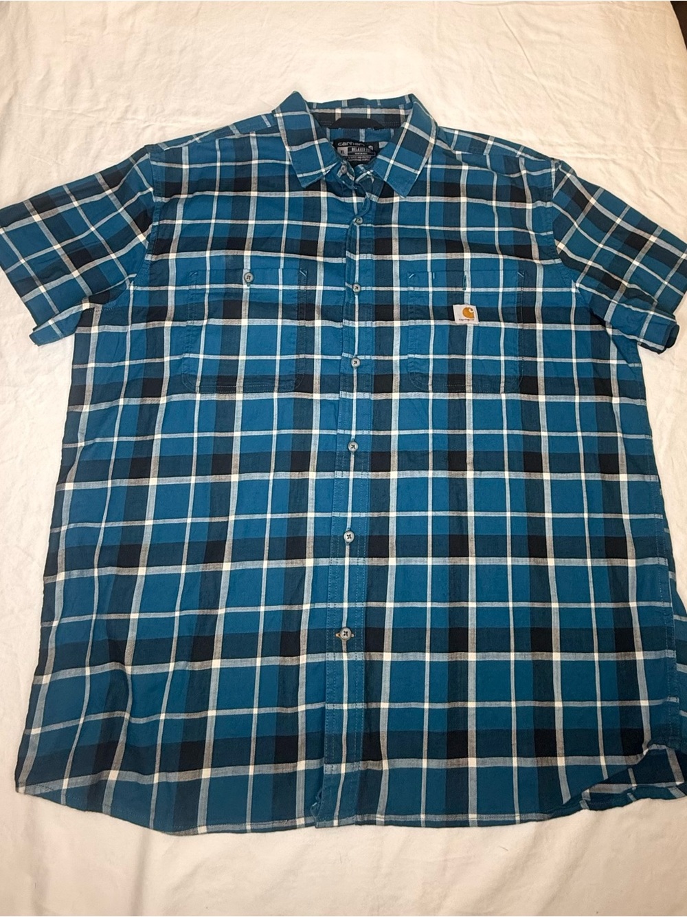 Carhartt Men's Plaid Short Sleeve Button Down Shirt Blue White XL Relaxed Fit